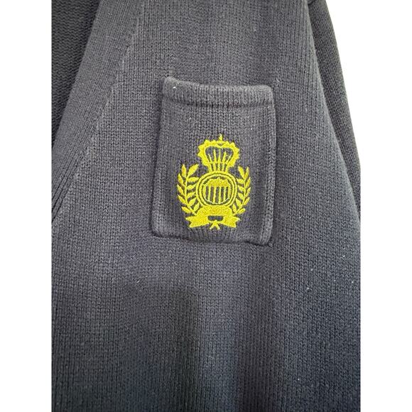 Vintage 1980s Oversized Blue Cardigan Gold Crest Preppy Old Money Academia XL - Picture 3 of 7